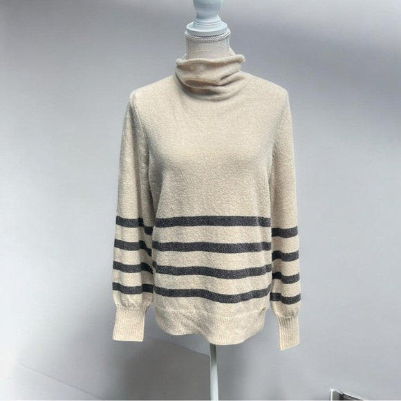 🌻MICHAEL Michael Kors Beige w Gray Striped Merino & Alpaca Wool Blend Sweater L - Picture 1 of 9